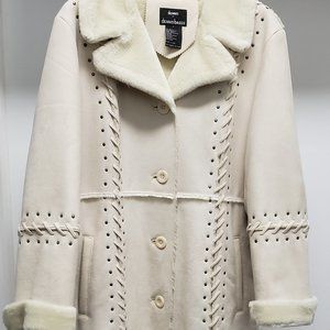 Dennis Basso Cream Size Large Long Suede Faux Shearling Coat